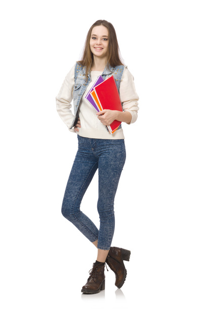 Mooie student houdt leerboeken geïsoleerd op wit - Foto, afbeelding