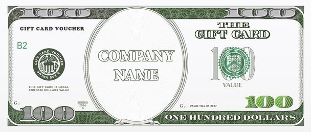 Gift card design as hundred dollars bill - Вектор,изображение