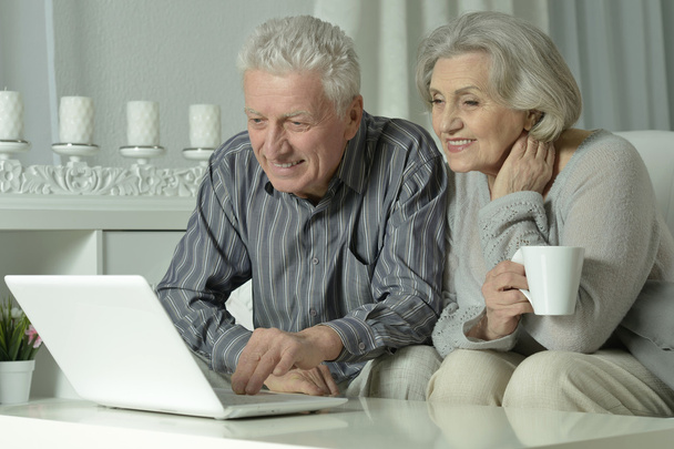 feliz pareja de ancianos con portátil - Foto, Imagen