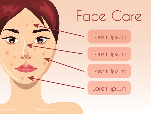Acne treatment with beautiful woman face, vector illustration - Вектор, зображення