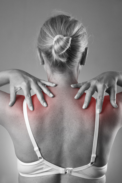 Woman with pain in shoulders. Pain in the human body with red dot - Fotoğraf, Görsel