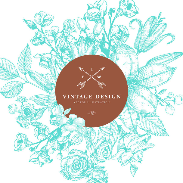 Vintage  Card with Engraving Flowers - Vector, Image