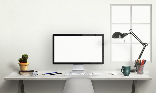 Geïsoleerd computer display voor mockup. Kantoor interieur met raam, lamp, plant, toetsenbord, muis, potloden, boek op Bureau. - Foto, afbeelding