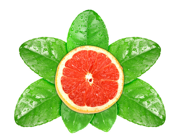 Grapefruit fruit on green leaf with dew - Foto, Imagen