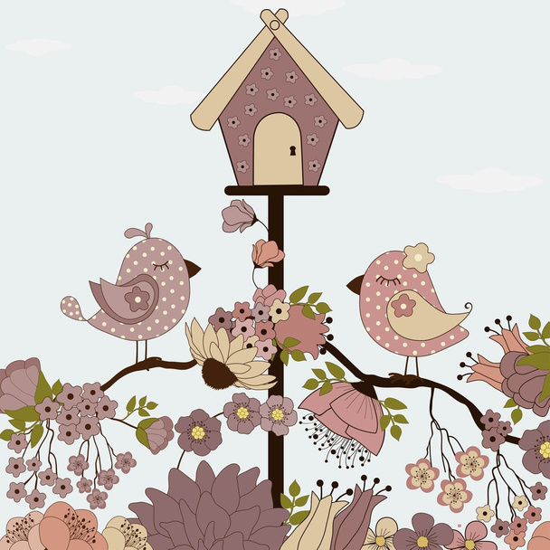 Χαριτωμένα πουλιά σε κλαδί με λουλούδια - Διάνυσμα, εικόνα
