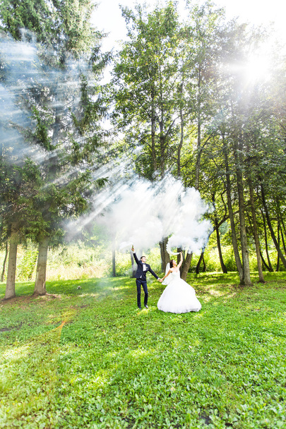 Ślub, miłość, związki, małżeństwa. Uśmiechający się panny młodej i pana młodego z niebieski dym - Zdjęcie, obraz