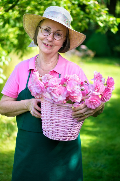 gardener holding basket of roses  - Zdjęcie, obraz