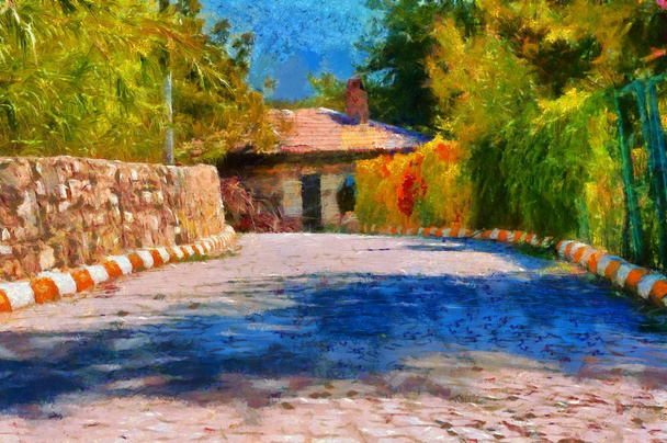 Single cottage at the end of country lane, digitally painted in Monet style - Photo, Image