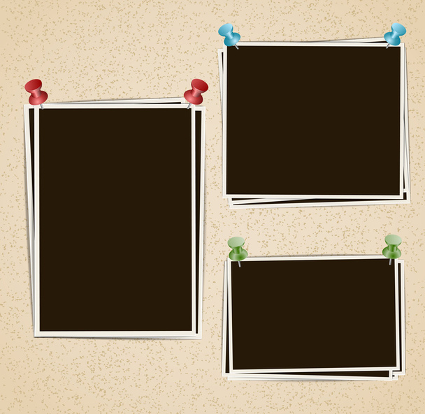 Photo frames composition with pushpins on retro background. Vect - Vector, Image