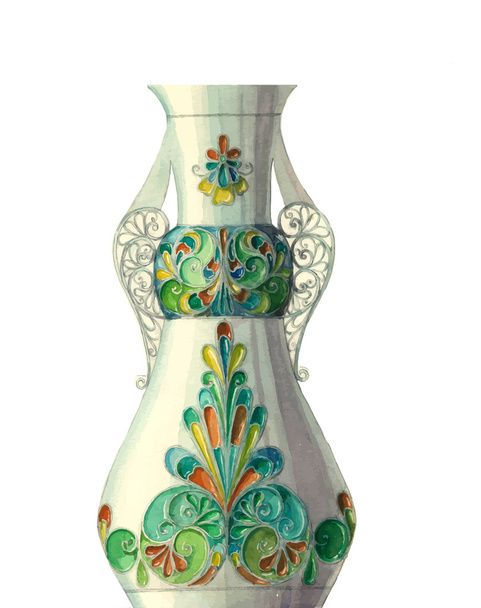幾何学的なパターンを持つベクトル水彩画花瓶 - ベクター画像