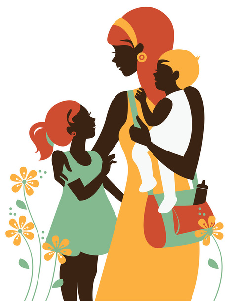 Beautiful mother silhouette with her children. Card of Happy Mot - Vector, Image