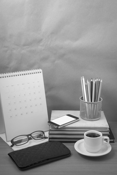 office desk : coffee with phone,wallet,calendar,color pencil box - Foto, Imagem