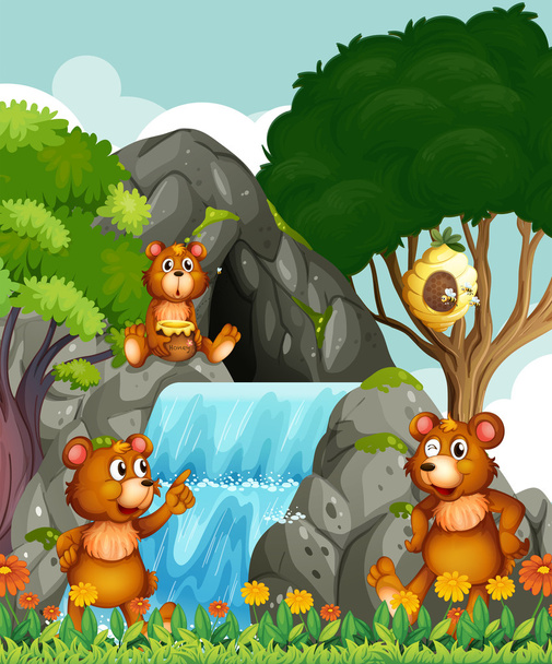 Niedźwiedzie relaks przez wodospad - Wektor, obraz