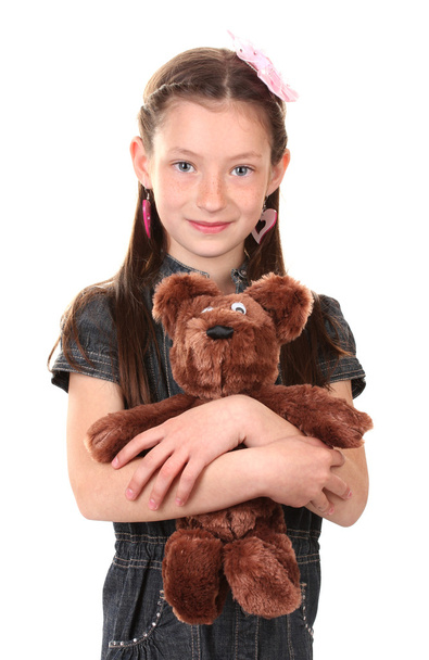 Portrait of beautiful little girl with toy bear Isolated on white - Photo, Image
