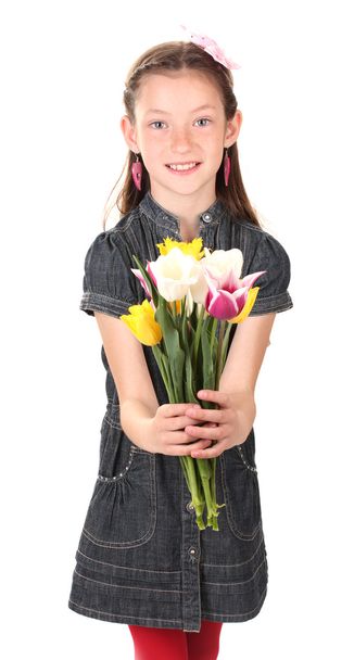 Portrait of beautiful little girl with tulips isolated on white - Foto, immagini