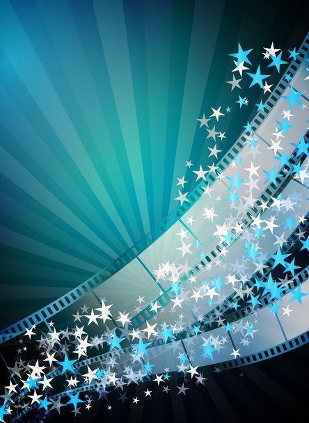 Cinema vertical abstract background with film strips, flying sta - Vector, Imagen