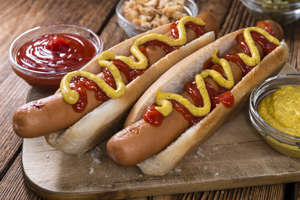 Hot Dogs with ketchup and mustard - Fotoğraf, Görsel