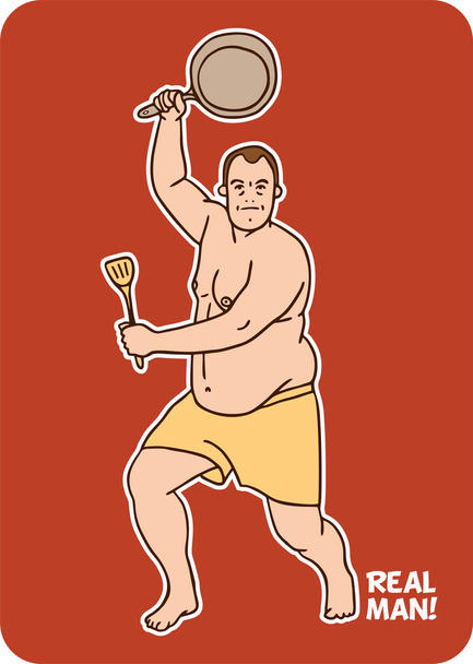 sticker line real man in shorts with a frying pan - Vector, Image