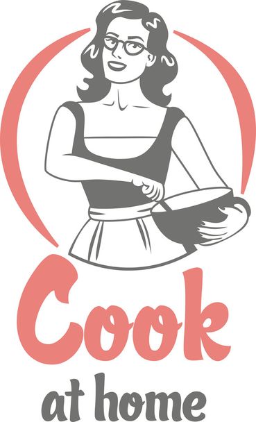 cook at home girl in an apron holding bowl circle logo - Vector, Image