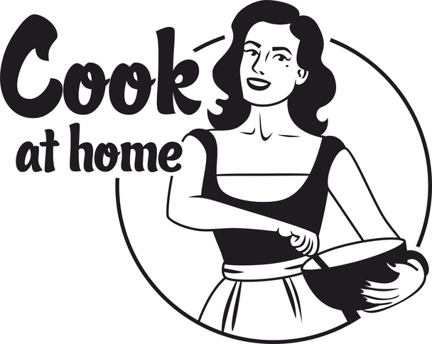 Köchin zu Hause Mädchen in einer Schürze hält Schüssel ein einfaches schwarzes Kreis-Logo - Vektor, Bild