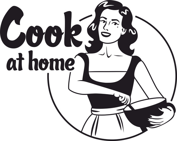 cook at home pin-up girl in an apron holding a bowl black circle logo - Vector, Image