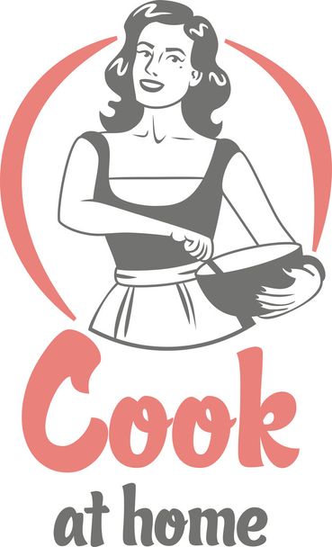 cuoco a casa pin-up ragazza in un grembiule tenuta ciotola cerchio logo
 - Vettoriali, immagini