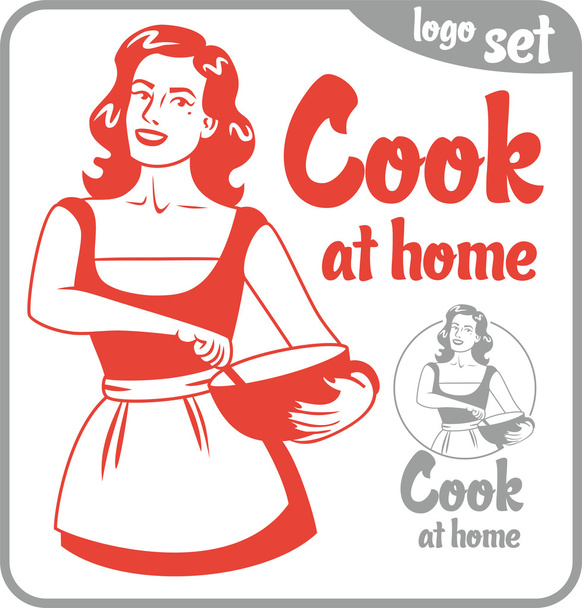 cook at home pin-up girl in apron logo set - Vector, Image