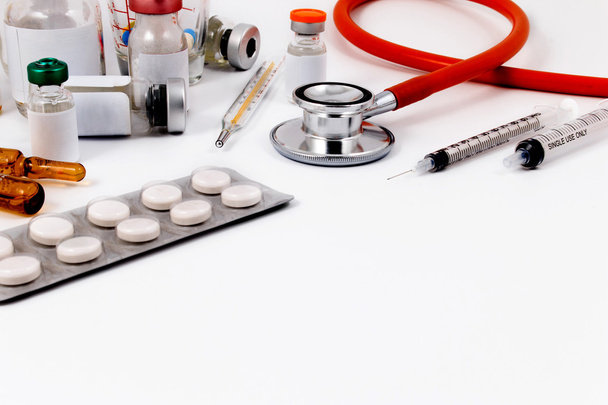 Medical ampules, bottles, pills and syringes, isolated on white. - Photo, Image