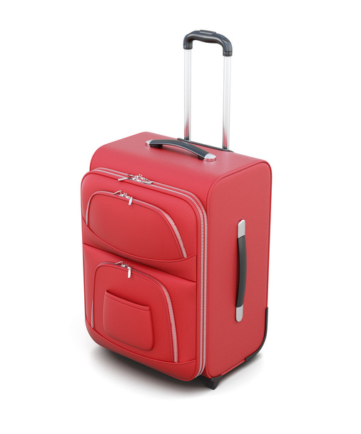 Red suitcase on wheels isolated on white background. 3d render - Foto, Imagen