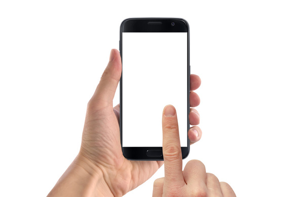 Uomo mano toccando display di nero isolato smartphone. Schermo bianco per mockup
. - Foto, immagini