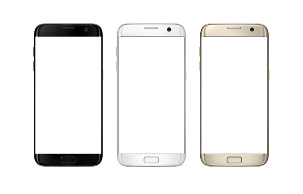 Modern smart phone in three color. White screen for mockup, isolated. - Photo, Image