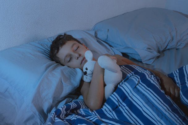 Muotokuva pikkupoika nukkuu nallekarhu makuuhuoneessa
 - Valokuva, kuva
