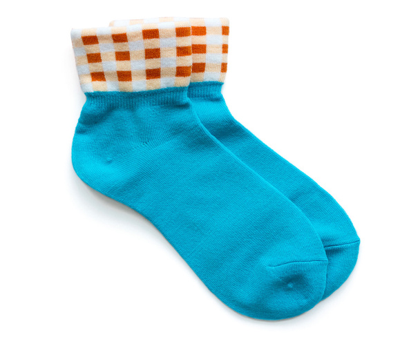 Kék csíkos zokni elszigetelt fehér background - Fotó, kép