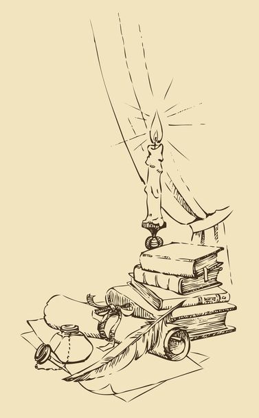 Натюрморт из чернильницы с пером и бумагой против
 - Вектор,изображение