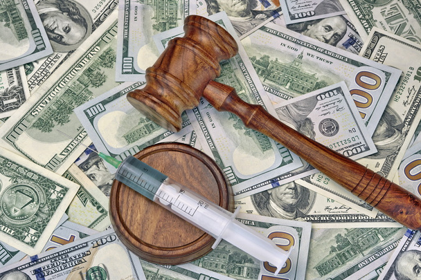 Judges Gavel And Syringe With Injection On Dollar Cash Backgroun - Photo, Image