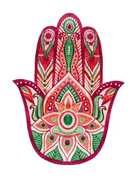 HAMSA Hand in aquarel. Beschermende en Good luck amulet in Indische, Arabische, Joodse culturen. Hamesh hand in levendige kleuren. - Foto, afbeelding