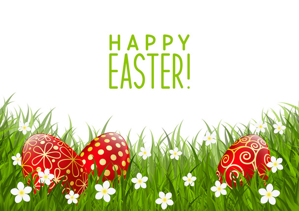 Red Easter eggs on green grass - Вектор, зображення