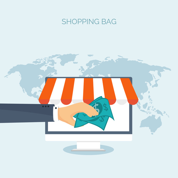 Vector illustration. Flat header. Shopping. Web store. Global communication, trading. E-business. Commerce, money making. Internet banking. - Vector, Image