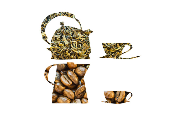 Kaffeekanne aus Kaffeebohnen und Teekanne aus grünem Tee  - Foto, Bild