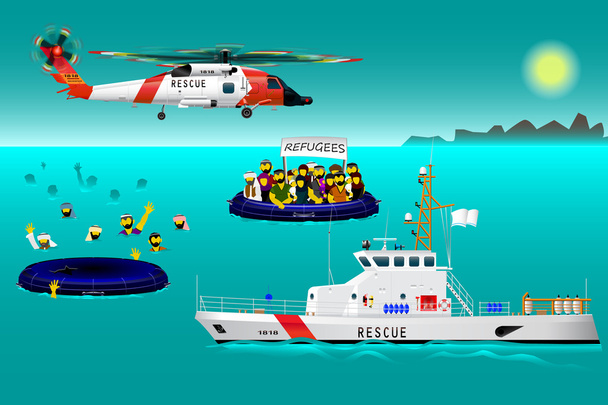 ヘリコプターの救助チームと、海での船します。ボートに乗って難民。水の事故。水の上を救出します。別のレイヤー上のすべてのオブジェクト. - ベクター画像