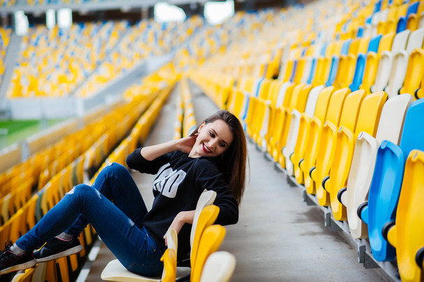 Happy young woman on stadium, sport girl , fitness lady at summe - Foto, Imagem