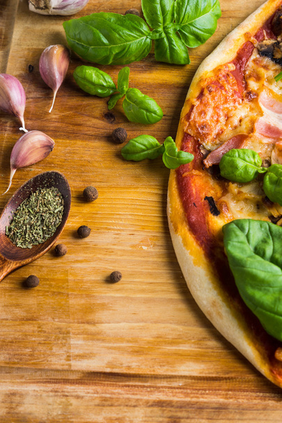 Fresh pizza with meat and basil - Photo, Image