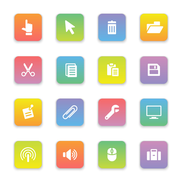 gradient colored flat computer and technology icon set on rounded rectangle - Διάνυσμα, εικόνα