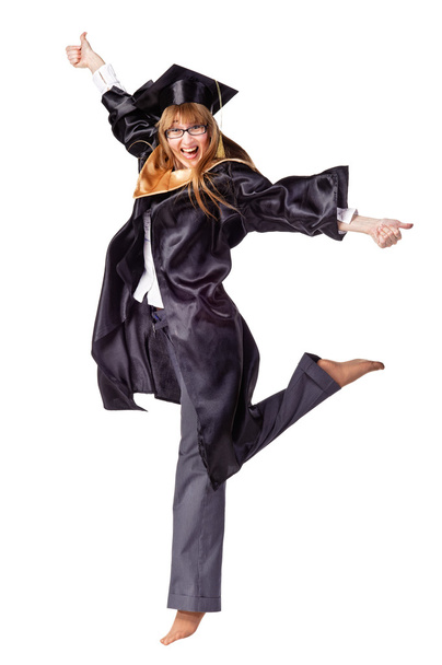 Femme diplômée saut et sourire
 - Photo, image