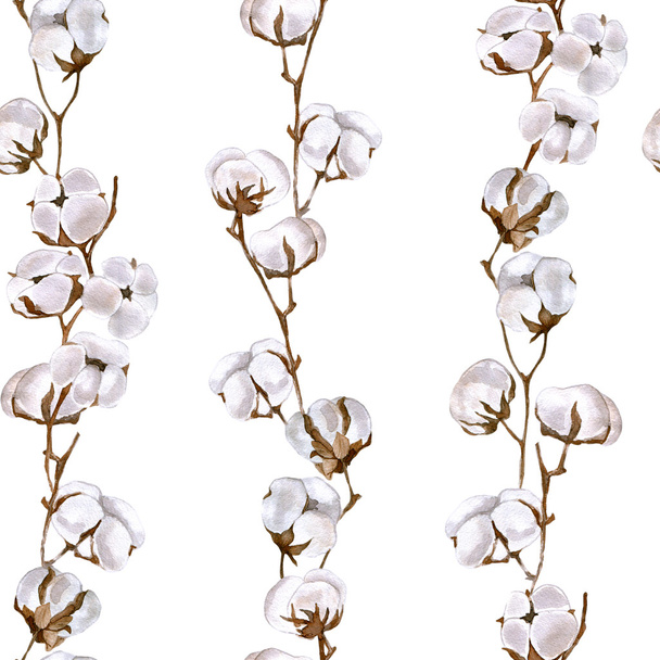 Aquarelle motif sans couture avec branche de coton sur fond blanc
 - Photo, image