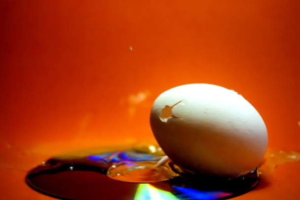 zerbrochenes Ei mit seinem Inhalt, der nach einem Schuss auf ein c ausgeschüttet wurde - Foto, Bild