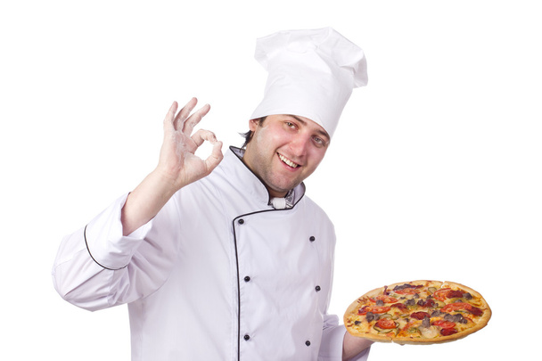 Male chef holding a pizza box open - Zdjęcie, obraz