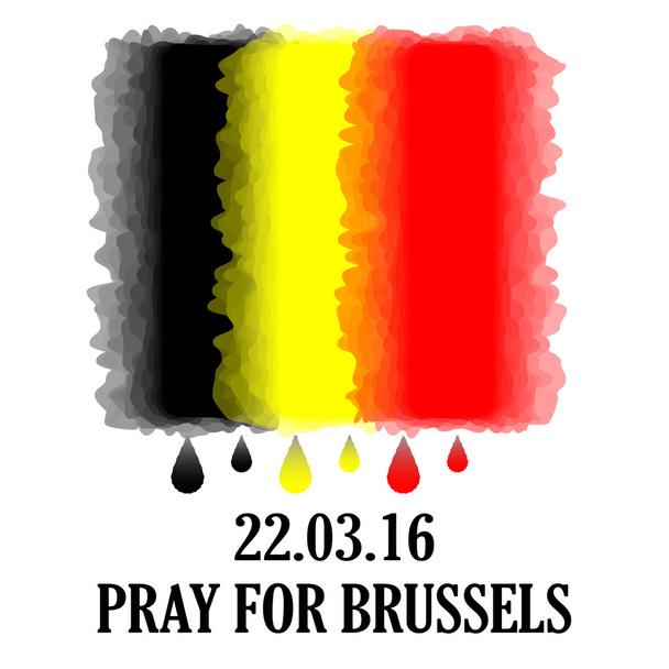 Lasst uns für Brüssel beten. Vektor Belgische Flagge mit Tränentropfen und Inschrift. - Vektor, Bild