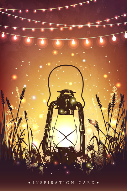 erstaunliche Vintage-Laterne auf Gras mit magischen Lichtern von Glühwürmchen am Nachthimmel Hintergrund. ungewöhnliche Vektorillustration. Inspirationskarte für Hochzeit, Datum, Geburtstag, Urlaub oder Gartenparty  - Vektor, Bild