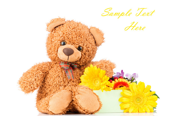 Bunch of flowers and a teddy bear - Zdjęcie, obraz